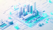 © 沈军 贡 - A futuristic, isometric illustration of an industrial complex with energy production equipment and sustainable technology elements