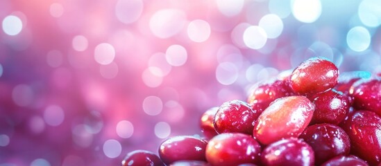 Wall Mural - Closeup of a group of shiny juicy and fresh red berries possibly cranberries pomegranates or raspberries on a blurry and vibrant background with beautiful bokeh lighting effect