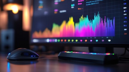 Wall Mural - Computer screen displaying vibrant financial charts and graphs, highlighting market trends and performance analysis, accompanied by a wireless mouse and keyboard in a modern workspace