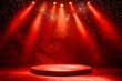 © Margarita Ratatosk - Empty red luxury pedestal or podium with fireworks, lights and sparkles. Advertisement stage for display cosmetic product. Modern background for Chinese New Year, 11.11, Christmas sale, Black friday
