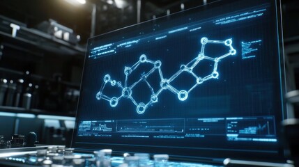 Futuristic concept of AI technology analyzing molecular structures on holographic screens 