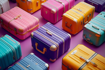 Wall Mural - in soft morning light of a sunny day, a wide-angle view captures vibrant array of trendy suitcases a