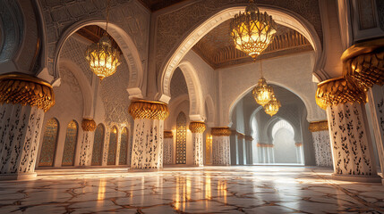 Wall Mural - A grand interior with ornate arches and elegant chandeliers.