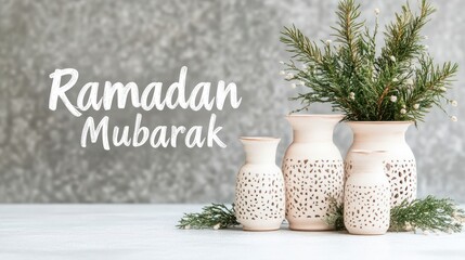 Poster - Celebrate Ramadan with this elegant image of decorative vases and greenery. Perfect for social media posts, website banners, or email greetings.