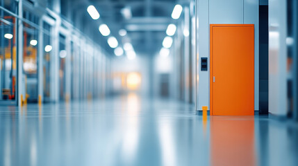 Blurred background of a modern factory hall with an orange door and light blue walls