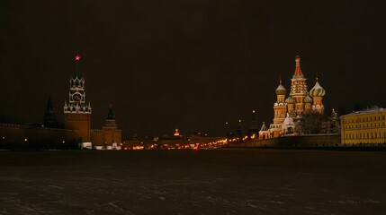 A breathtaking nighttime view of the Kremlin and St. Basil's Cathedral illuminated against the dark winter sky, showcasing iconic Russian architecture along the frozen river.