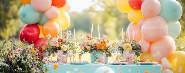 Canvas Print - A serene meadow birthday celebration with a festive table and vibrant balloon accents