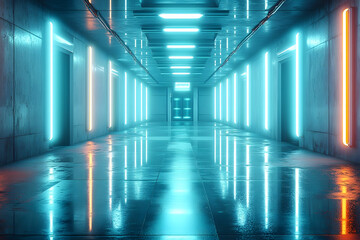 Wall Mural - a 3d rendering of a futuristic, sci-fi room with white neon tube lights glowing on a concrete floor,