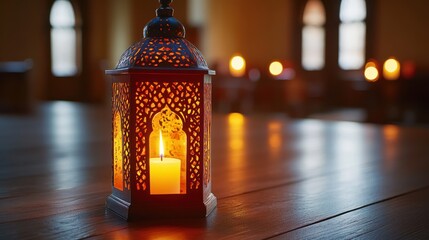 Wall Mural - Ornate lantern with a lit candle inside creates a warm glow. Perfect for Ramadan, Diwali, or spiritual backgrounds.