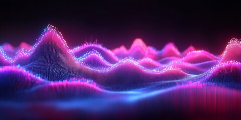 Fototapete - Vibrant Neon Glow in Abstract Digital Landscape with Waves and Particles : Generative AI
