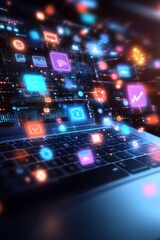 Aufkleber - Innovative Digital Technology with Blurred Neon Icons Over Laptop Keyboard Background : Generative AI