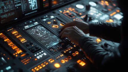 Wall Mural - hands of a spacecraft pilot operating complex illuminated control panel featuring brain scan display
