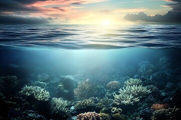 Poster - Idyllic Underwater Coral Garden Touched by Soft Ocean Sunlight : Generative AI