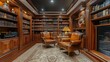 © Rakyandani - Elegant Art Deco style library with luxurious wooden bookcases and cozy leather chairs