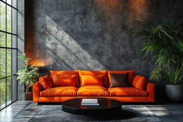 Wall Mural - Cozy Minimalist Living Room Interior with Orange Leather Sofas and Black Coffee Table