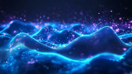 Poster - Futuristic Neon Glow Blue Particle Waves for Technology Background Design : Generative AI
