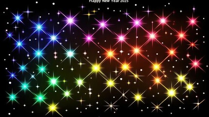 Wall Mural - Rainbow colored stars on a black background create a festive New Year's Eve design. Ideal for digital backgrounds, party invitations, or social media posts.