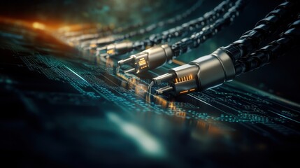 Fototapete - High-Tech Close-Up of Advanced Cables Connecting to a Digital Circuit Board, Showcasing Modern Technology and Innovation in Communication Systems