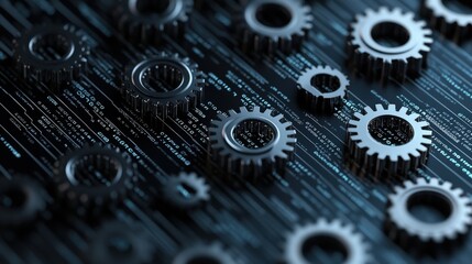 Poster - A Close-Up View of Interconnected Gears on a Dark Background with Numeric Code, Representing the Concept of Technology and Industry Integration