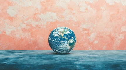 Earth Globe on Teal Surface Against Peach Wall - Minimalist