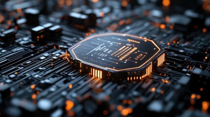 Poster - Futuristic Computer Circuit Board with Glowing Elements and Advanced Microchip Technology in a Dark Environment