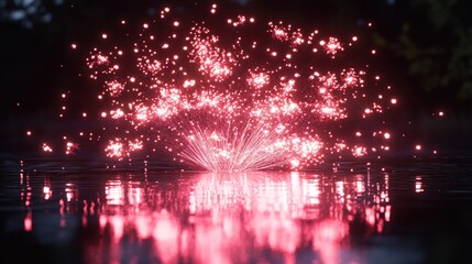 Wall Mural - Pink firework exploding over water with beautiful reflection. Perfect for celebrations, festive events, and vibrant backgrounds.