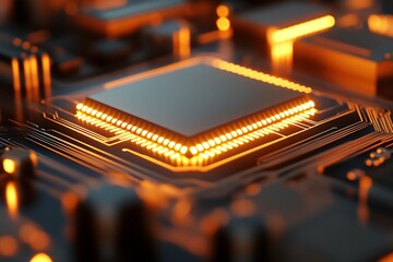 Poster - Glowing Orange Circuit Board with CPU Highlighting Advanced Technology and Cyber Innovations : Generative AI