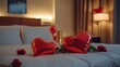 © The Little Hut - Romantic Bedroom Setting with Heart Balloons and Champagne for a Special Evening : Generative AI
