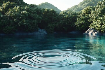 Poster - Serene Forest Lake Ripple with Lush Green Trees on a Tranquil Summer Morning : Generative AI