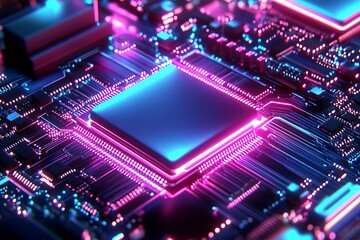 Poster - High-Tech Neon Circuit Board with Gleaming Processor and Advanced Electronic System : Generative AI