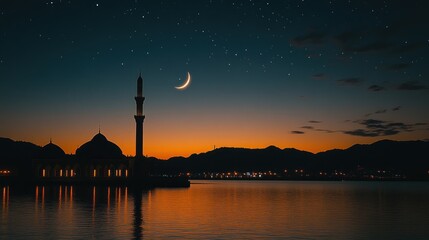 Wall Mural - A serene mosque silhouette at sunset under a crescent moon. Ideal for Ramadan greetings, Islamic-themed backgrounds, or promoting peace and spirituality.