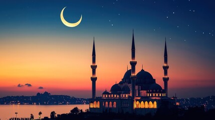 Wall Mural - A stunning mosque silhouette against a vibrant sunset with a crescent moon. Ideal for Ramadan greetings, Islamic-themed designs, or travel promotions.