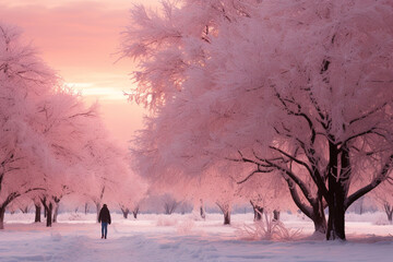 In hushed stillness of dawn ethereal glow of rising sun bathes snow-laden trees transforming wintry landscape into a breathtaking tableau that leaves one spellbound