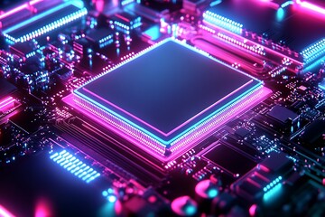Aufkleber - Futuristic Microchip with Neon Lights Reflecting Technological Advancement and Innovation : Generative AI