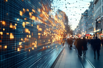 Wall Mural - a dynamic digital data flow illustrated over a bustling street, symbolizing the intersection of tech