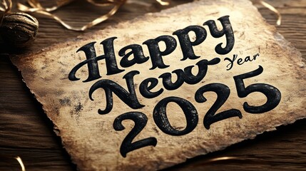 Vintage-style Happy New Year 2025 greeting on aged paper. Ideal for social media posts, website banners, or printed cards.