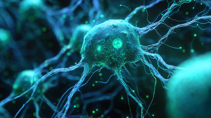 Sticker - Close-up view of neurons with glowing connections and structures.