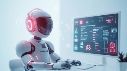 Futuristic robot using computer, AI, technology.