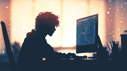 Silhouetted person coding at computer during sunset.
