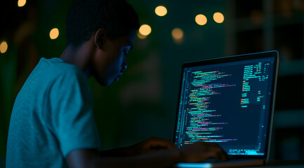 a young person codes on a laptop in a dimly lit environment, with colorful lines of code visible on 