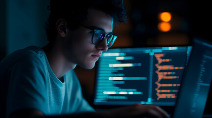 A focused young programmer works on coding at night, illuminated by the glow of multiple computer screens displaying data and programming languages.