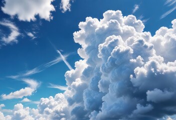 Wall Mural - Fluffy white cumulus clouds drift across a vibrant blue summer sky , atmosphere, high