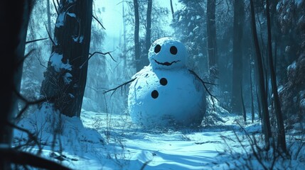 Poster - Eerie snowman in a tranquil winter forest surrounded by tall trees and soft snow under a foggy atmosphere.