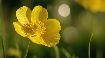 Aufkleber - Vibrant yellow wildflower blooming in a lush green garden showcasing nature's beauty and intricacy in soft sunlight