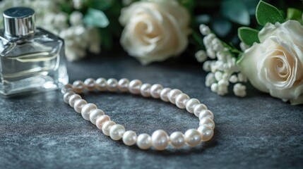 Poster - Elegant pearl necklace and perfume bottle on a textured stone surface with soft floral arrangements in the background.
