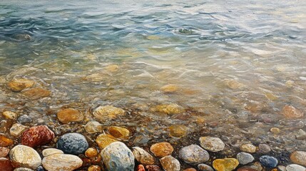 Poster - Colorful pebbles on a tranquil riverbed with clear water reflecting soft waves and sunlight creating a serene natural landscape scene