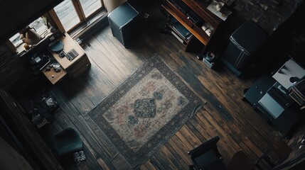 Aufkleber - Top view of a rustic studio space featuring wooden floors and vintage furnishings for interior design and home decor inspiration.