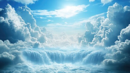 Aufkleber - Majestic clouds cascading over a serene sky with vibrant blue hues and sunlight illuminating the flowing water below.