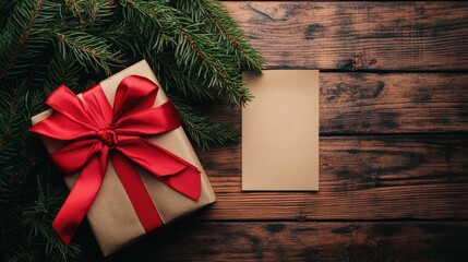 Aufkleber - Gift box with red bow on wooden table beside green tree branch and blank note for holiday wishes or messages of belief and hope.