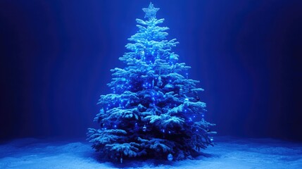 Poster - Elegant Christmas tree adorned with blue lights and ornaments creating a magical holiday ambiance in a serene winter setting